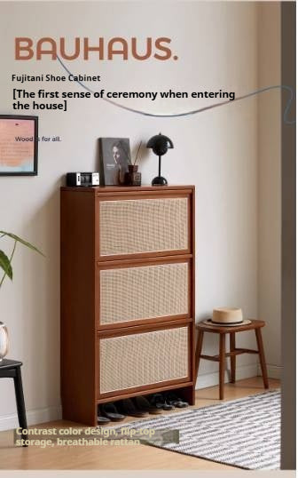 Poplar Solid Wood Rattan Shoe Cabinet Antique Style